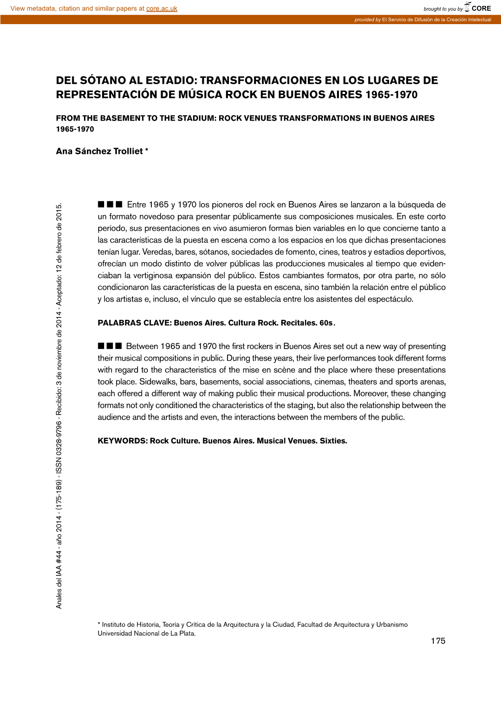 Transformaciones En Los Lugares De Representación De Música Rock En Buenos Aires 1965-1970