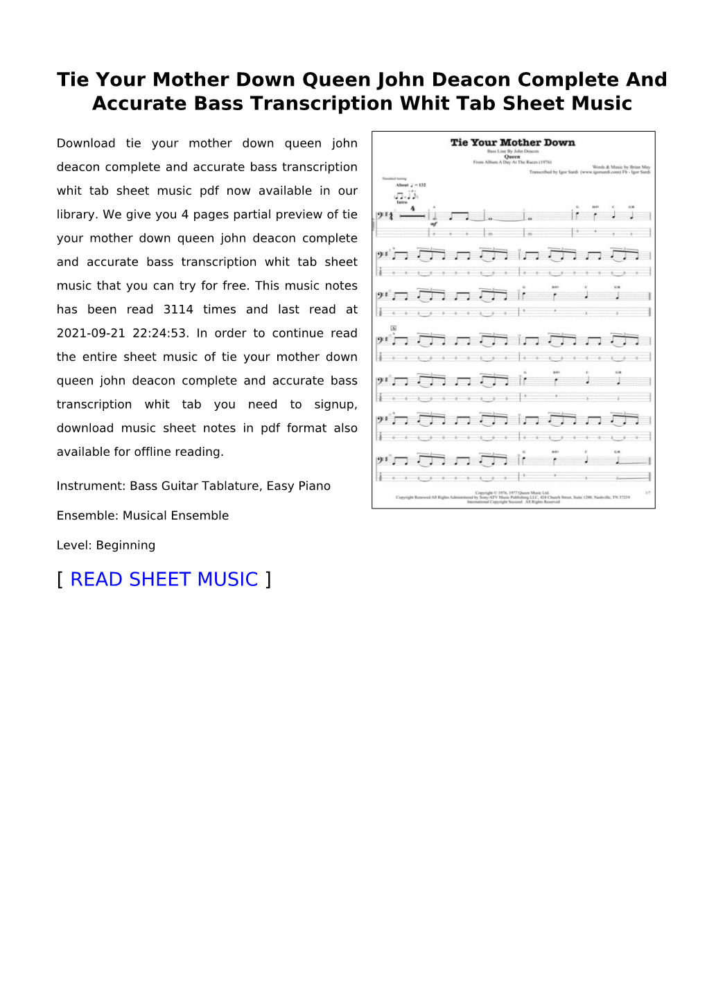 Tie Your Mother Down Queen John Deacon Complete and Accurate Bass Transcription Whit Tab Sheet Music