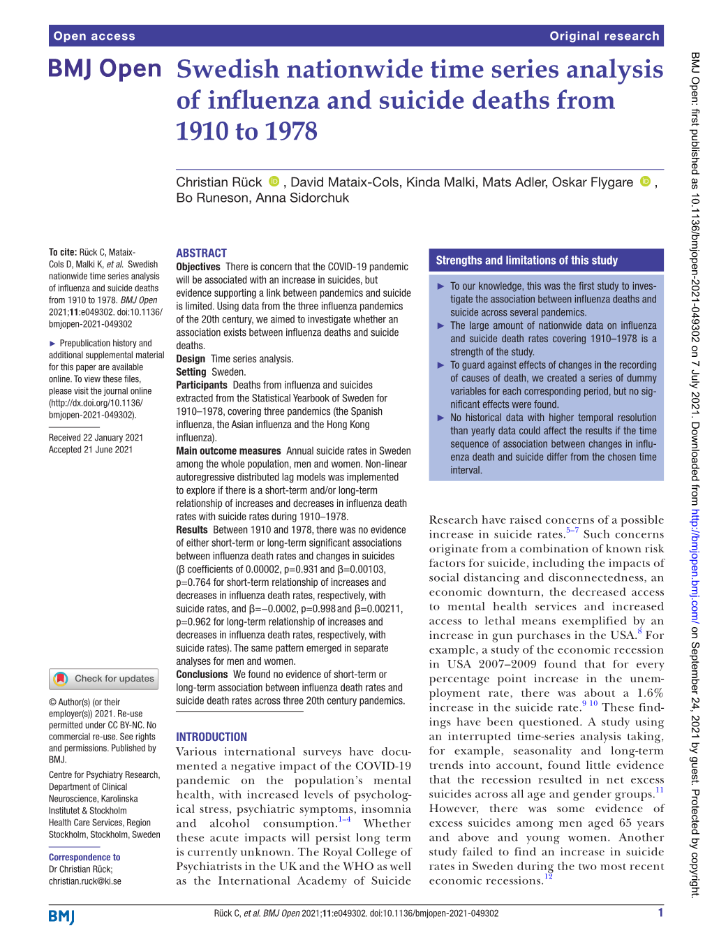 Swedish Nationwide Time Series Analysis of Influenza and Suicide Deaths from 1910 to 1978