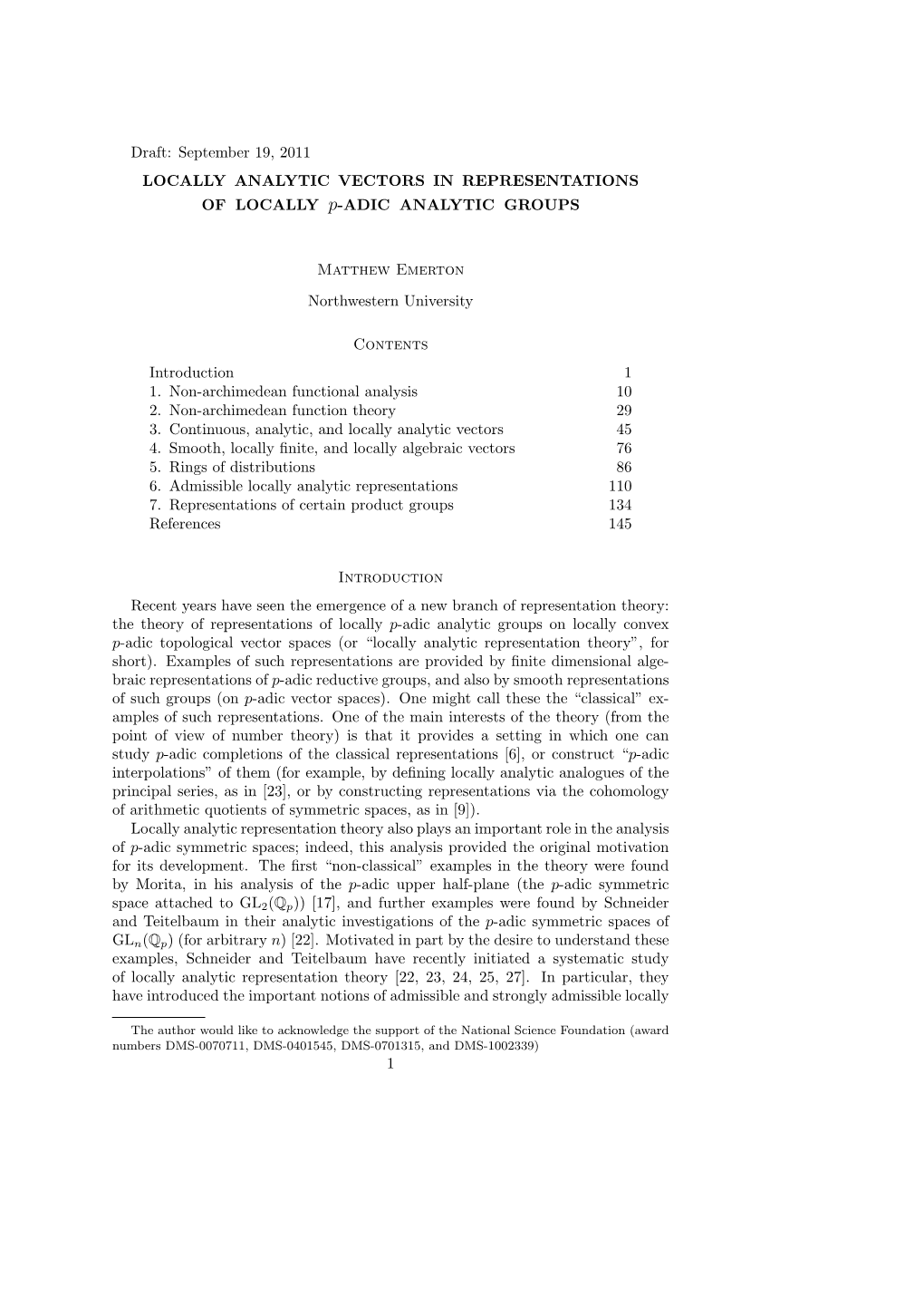 Draft: September 19, 2011 LOCALLY ANALYTIC VECTORS in REPRESENTATIONS of LOCALLY P-ADIC ANALYTIC GROUPS