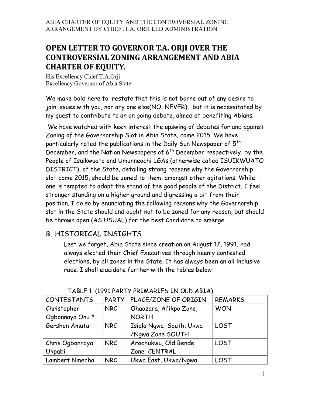 Abia Charter of Equity and the Controversial Zoning Arrangement by Chief .T.A