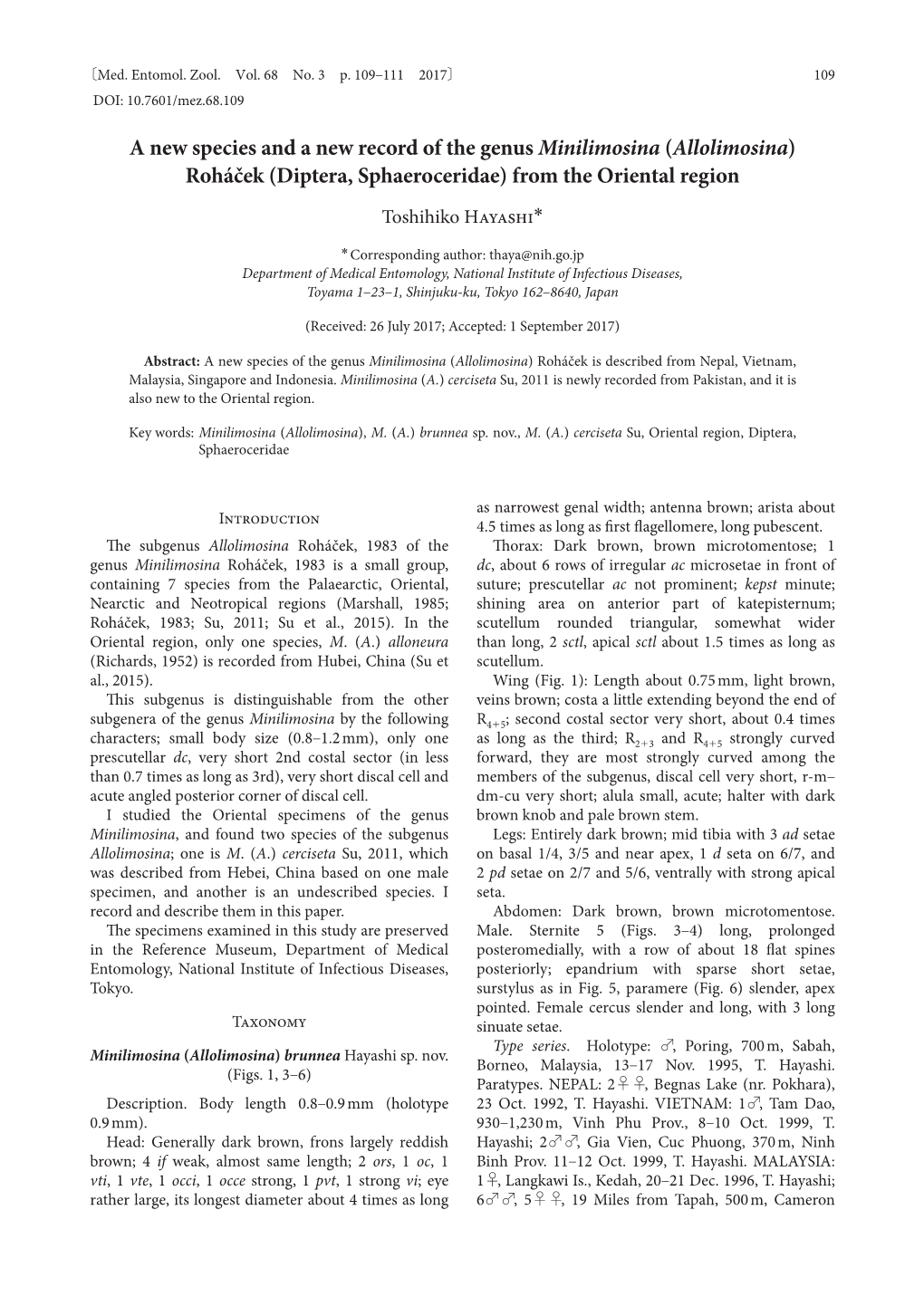 A New Species and a New Record of the Genus Minilimosina (Allolimosina) Roháček (Diptera, Sphaeroceridae) from the Oriental Region