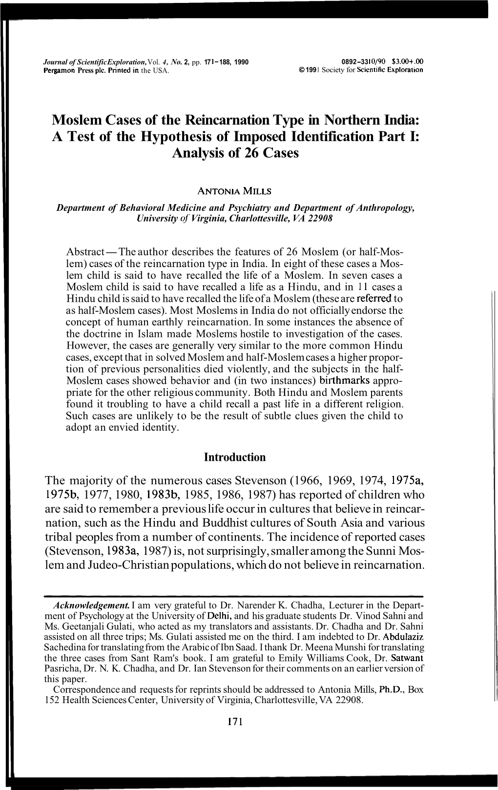 Moslem Cases of the Reincarnation Type in Northern India: a Test of the Hypothesis of Imposed Identification Part I: Analysis of 26 Cases