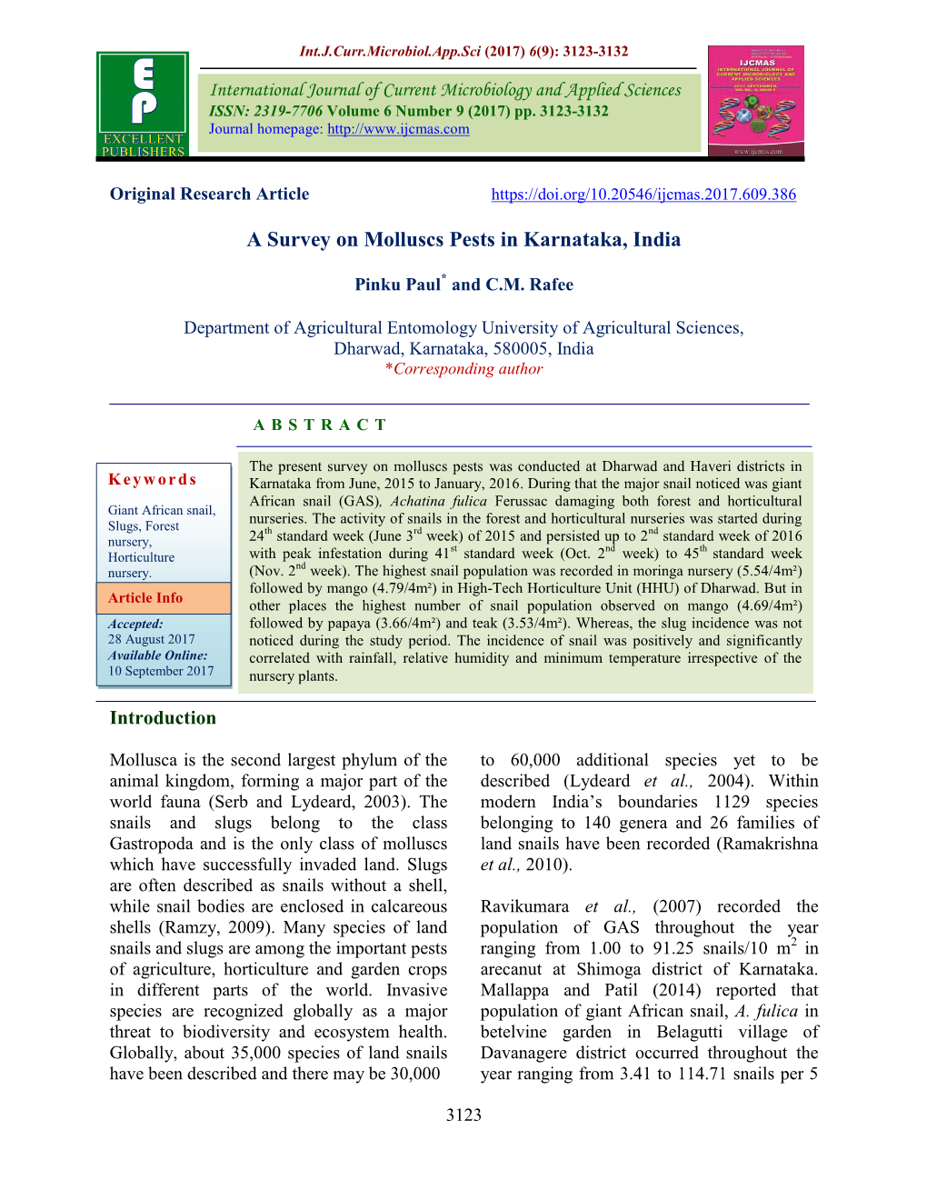 A Survey on Molluscs Pests in Karnataka, India