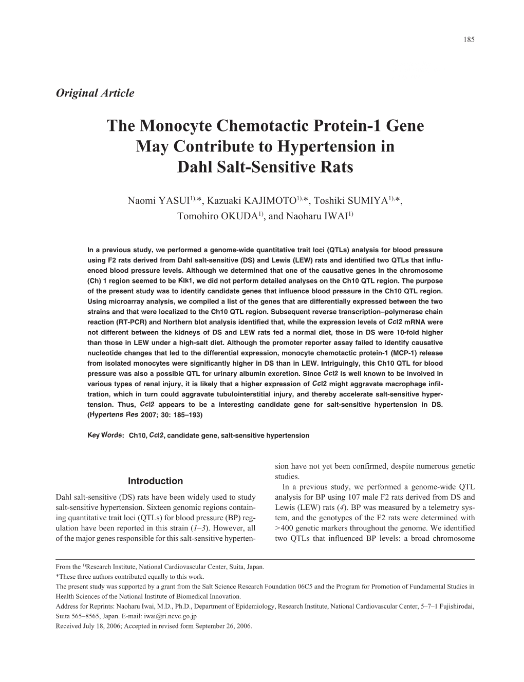 The Monocyte Chemotactic Protein-1 Gene May Contribute to Hypertension in Dahl Salt-Sensitive Rats