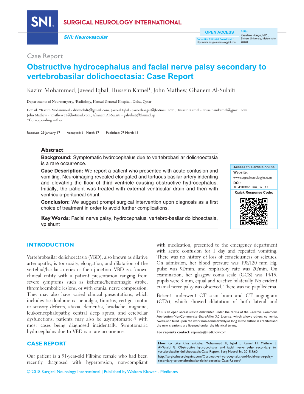 Obstructive Hydrocephalus and Facial Nerve Palsy Secondary To