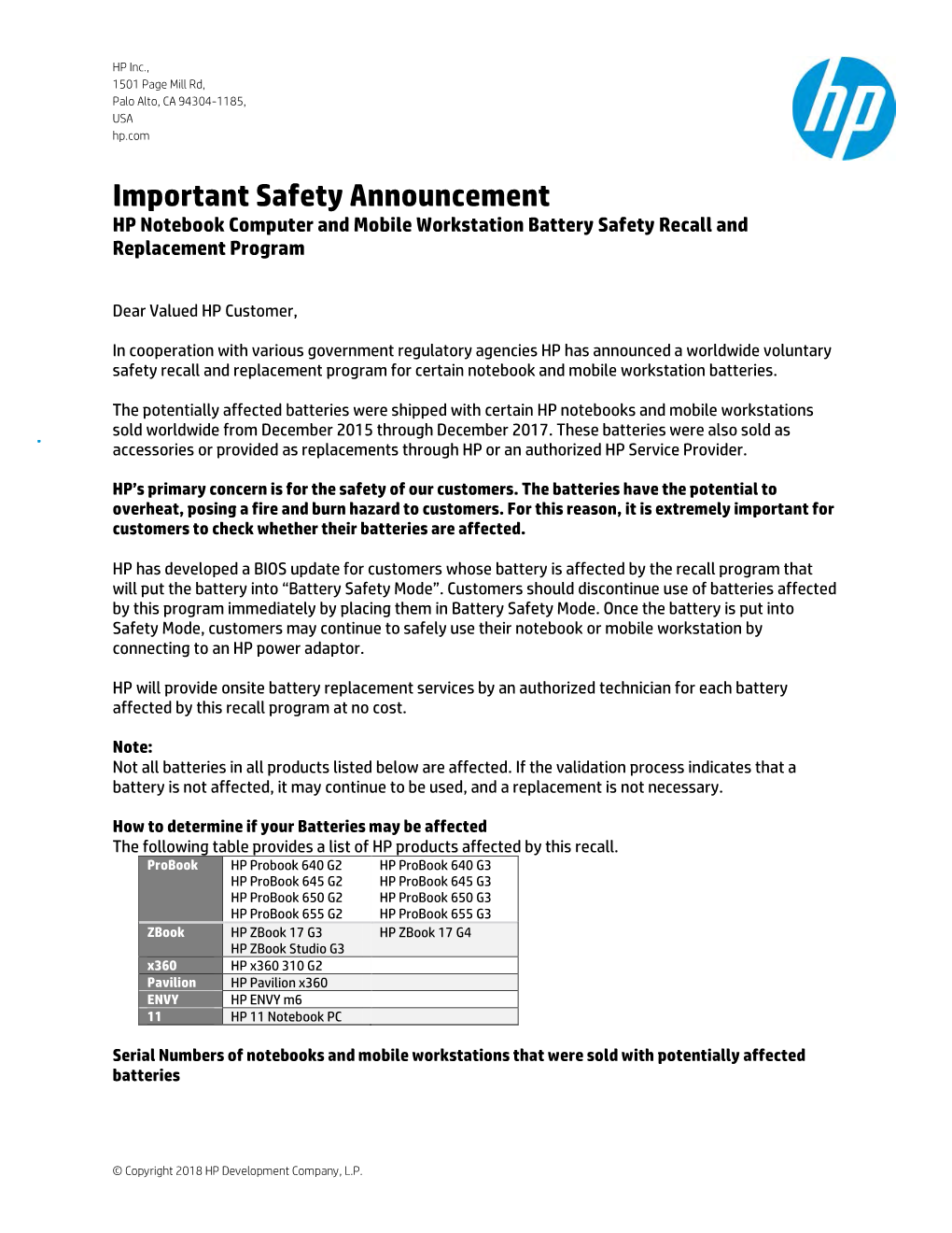 HP Notebook Computer Battery Safety Recall