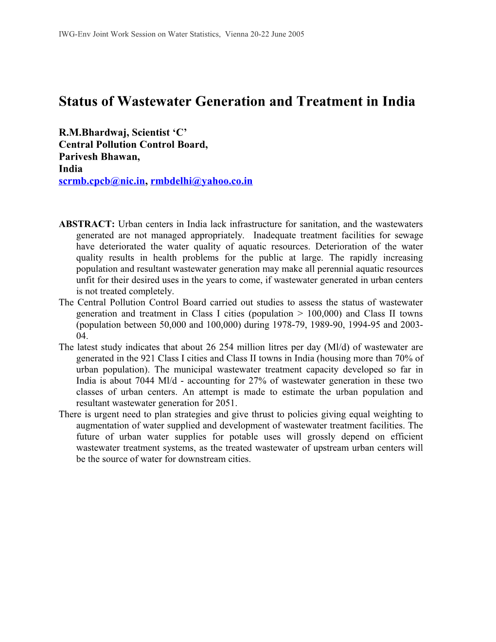 Status of Wastewater Generation and Treatment in India
