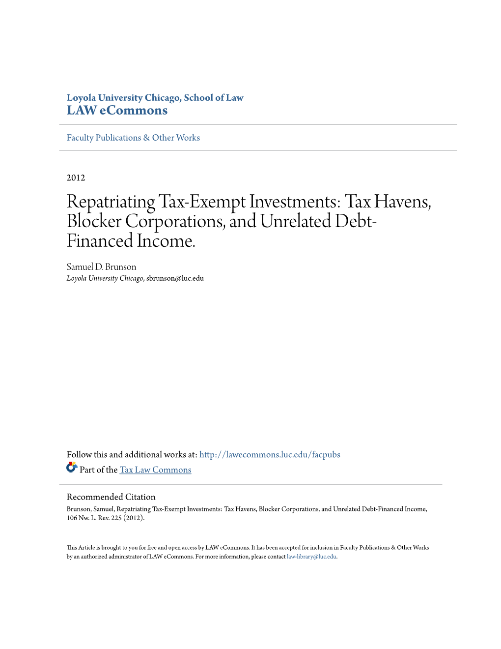 Tax Havens, Blocker Corporations, and Unrelated Debt-Financed Income, 106 Nw