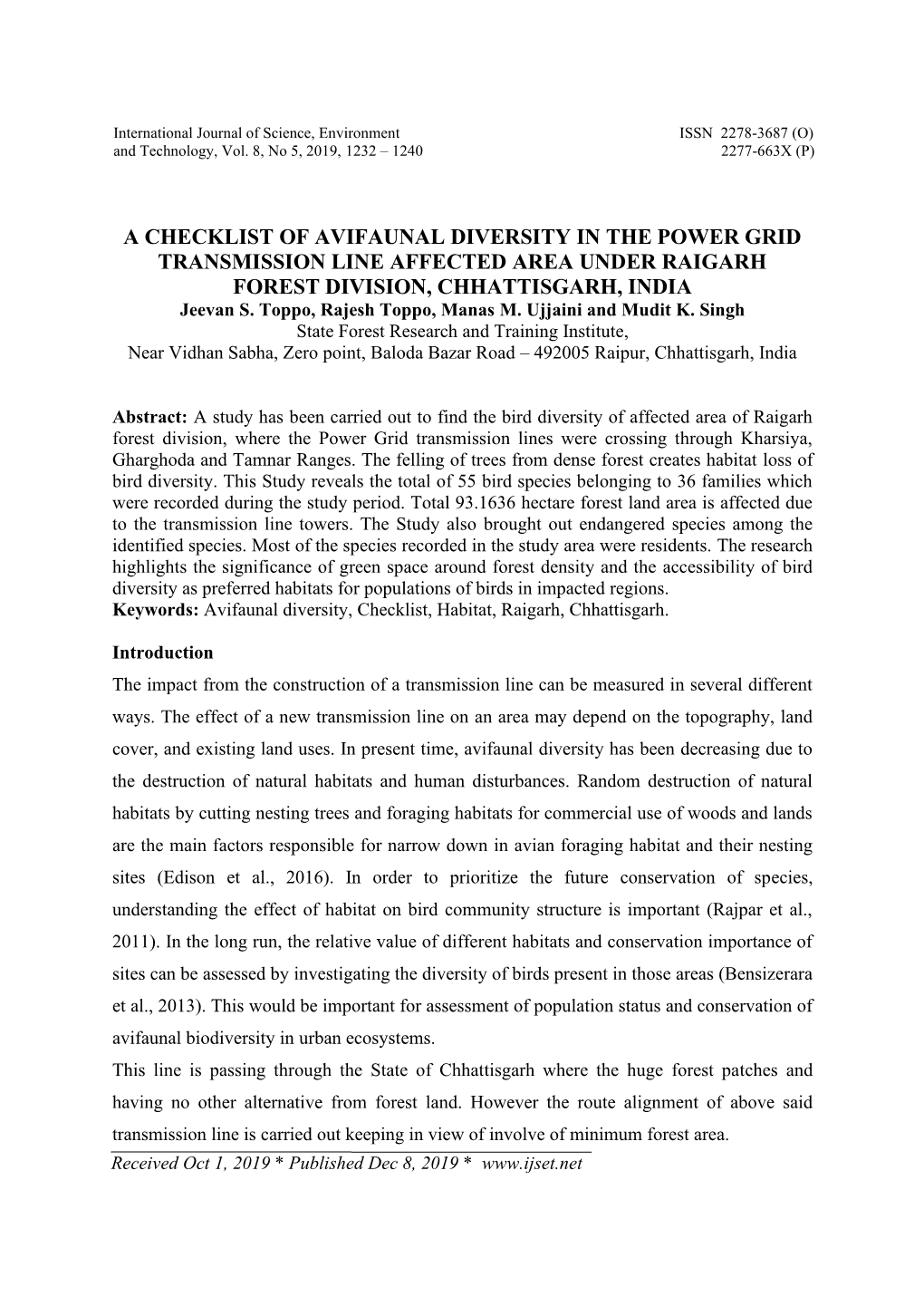 A CHECKLIST of AVIFAUNAL DIVERSITY in the POWER GRID TRANSMISSION LINE AFFECTED AREA UNDER RAIGARH FOREST DIVISION, CHHATTISGARH, INDIA Jeevan S