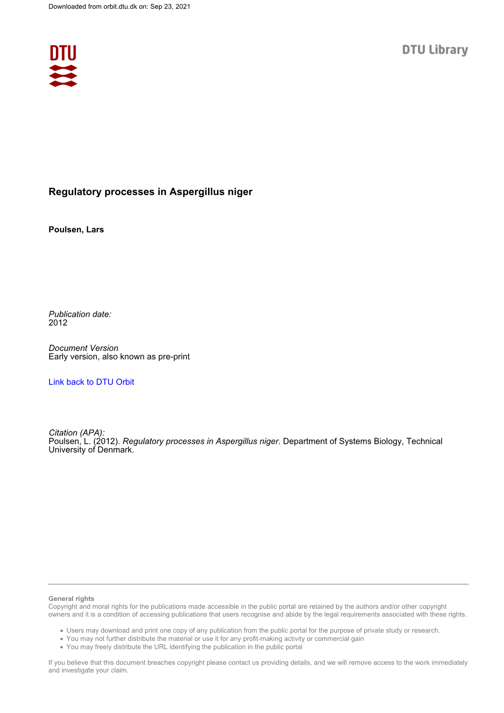 Regulatory Processes in Aspergillus Niger