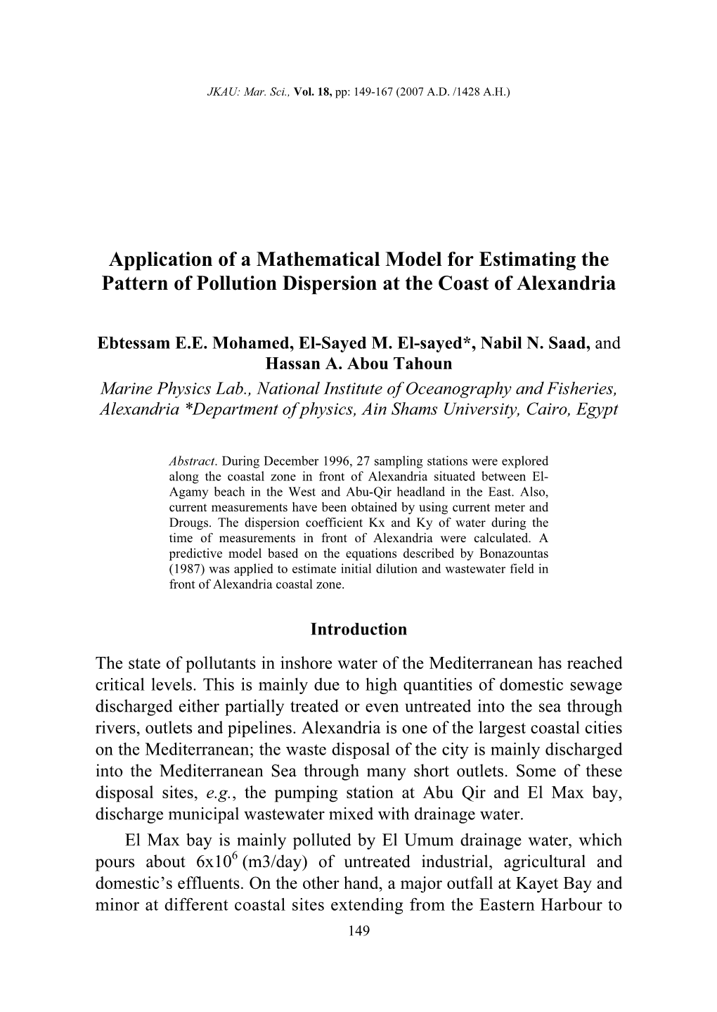 Application of a Mathematical Model for Estimating the Pattern of Pollution Dispersion at the Coast of Alexandria