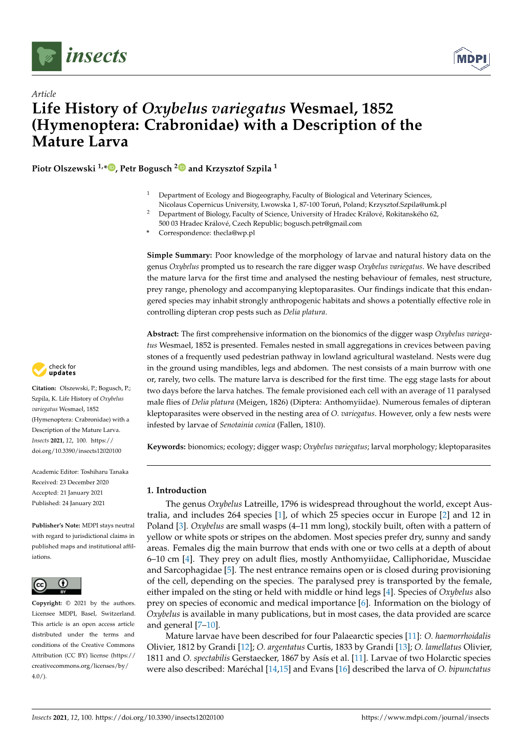 Hymenoptera: Crabronidae) with a Description of the Mature Larva