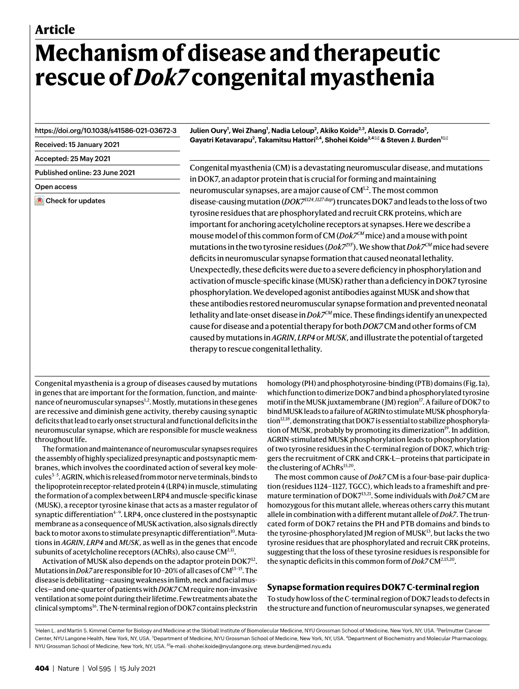 Mechanism of Disease and Therapeutic Rescue of Dok7 Congenital Myasthenia