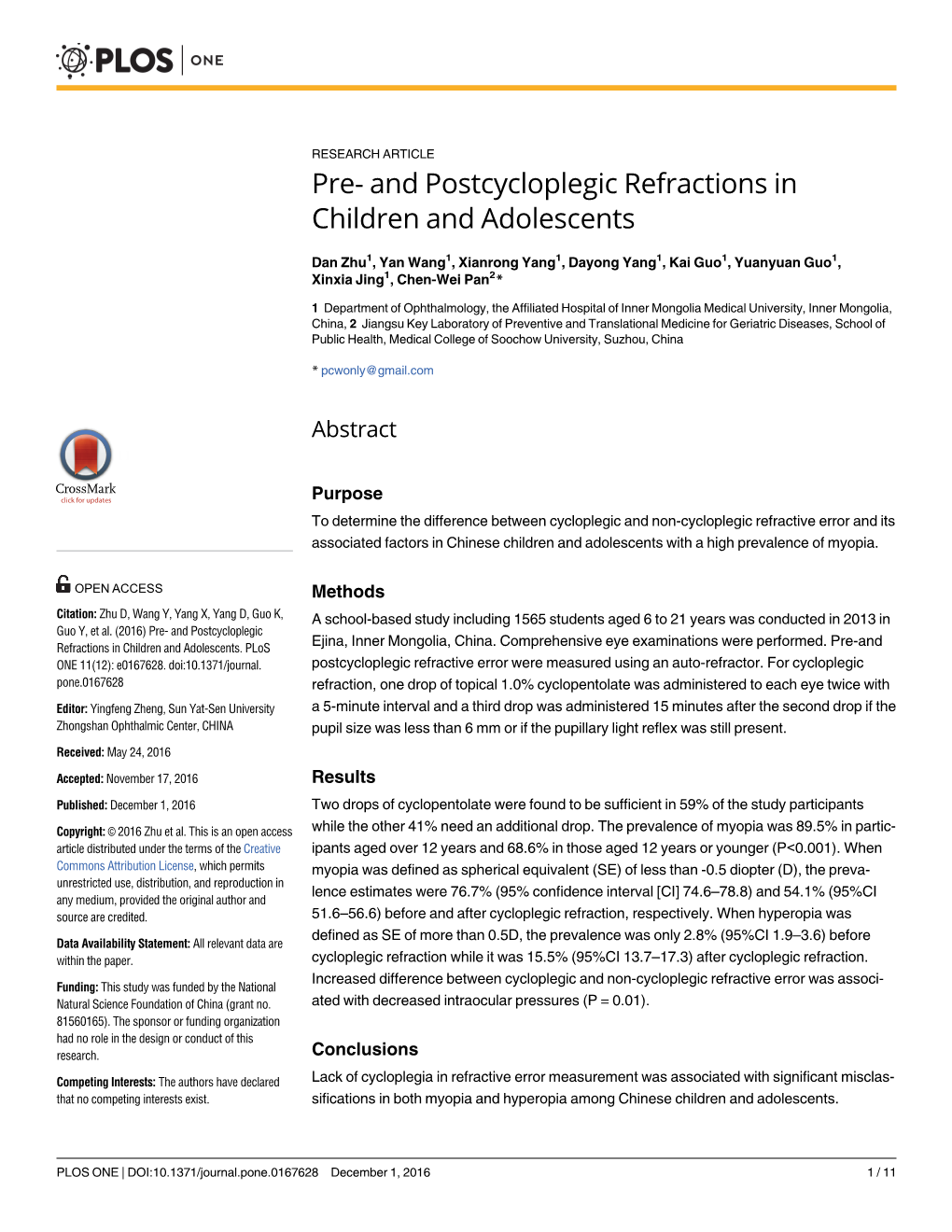 And Postcycloplegic Refractions in Children and Adolescents
