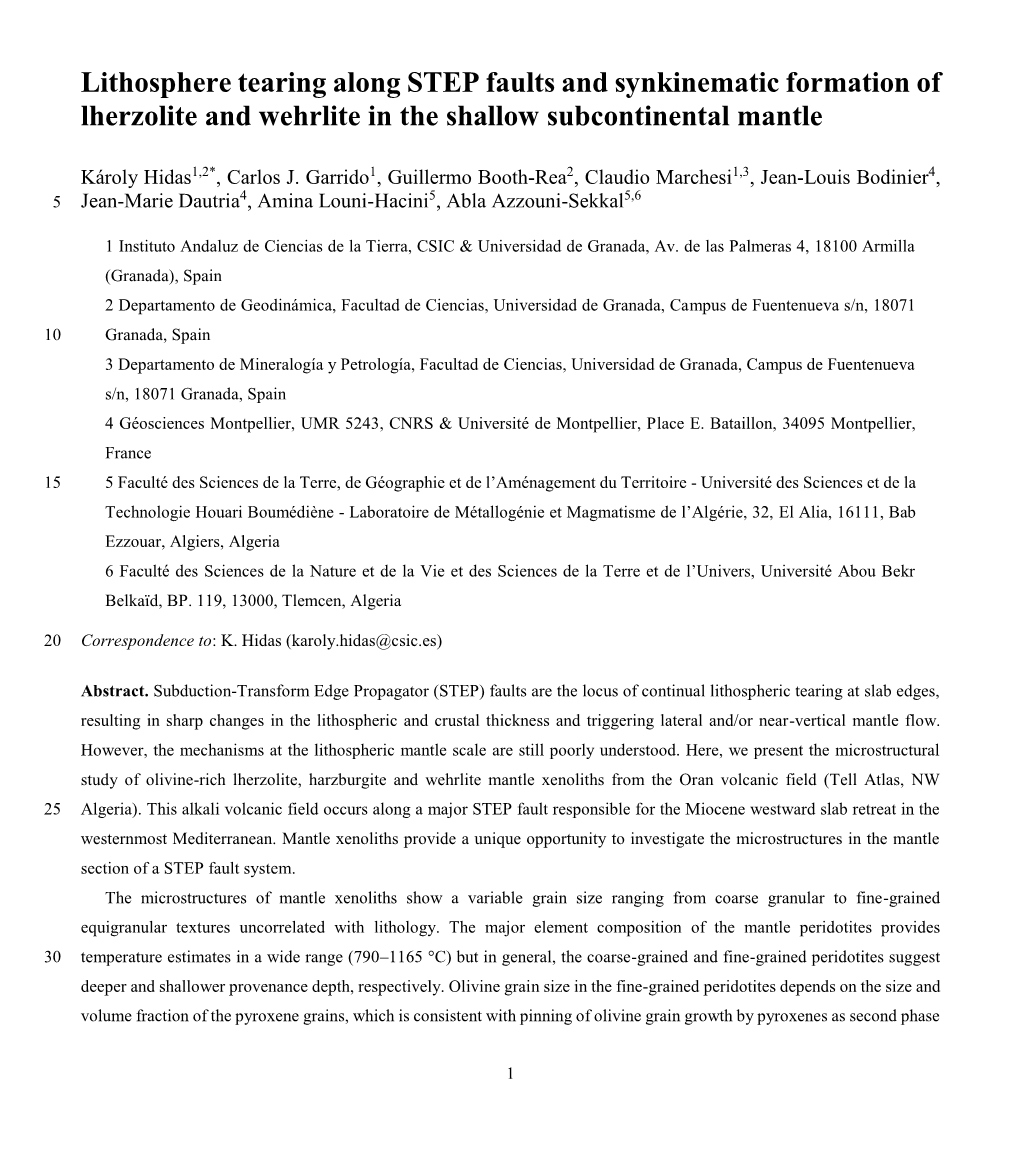 Lithosphere Tearing Along STEP Faults and Synkinematic Formation of Lherzolite and Wehrlite in the Shallow Subcontinental Mantle