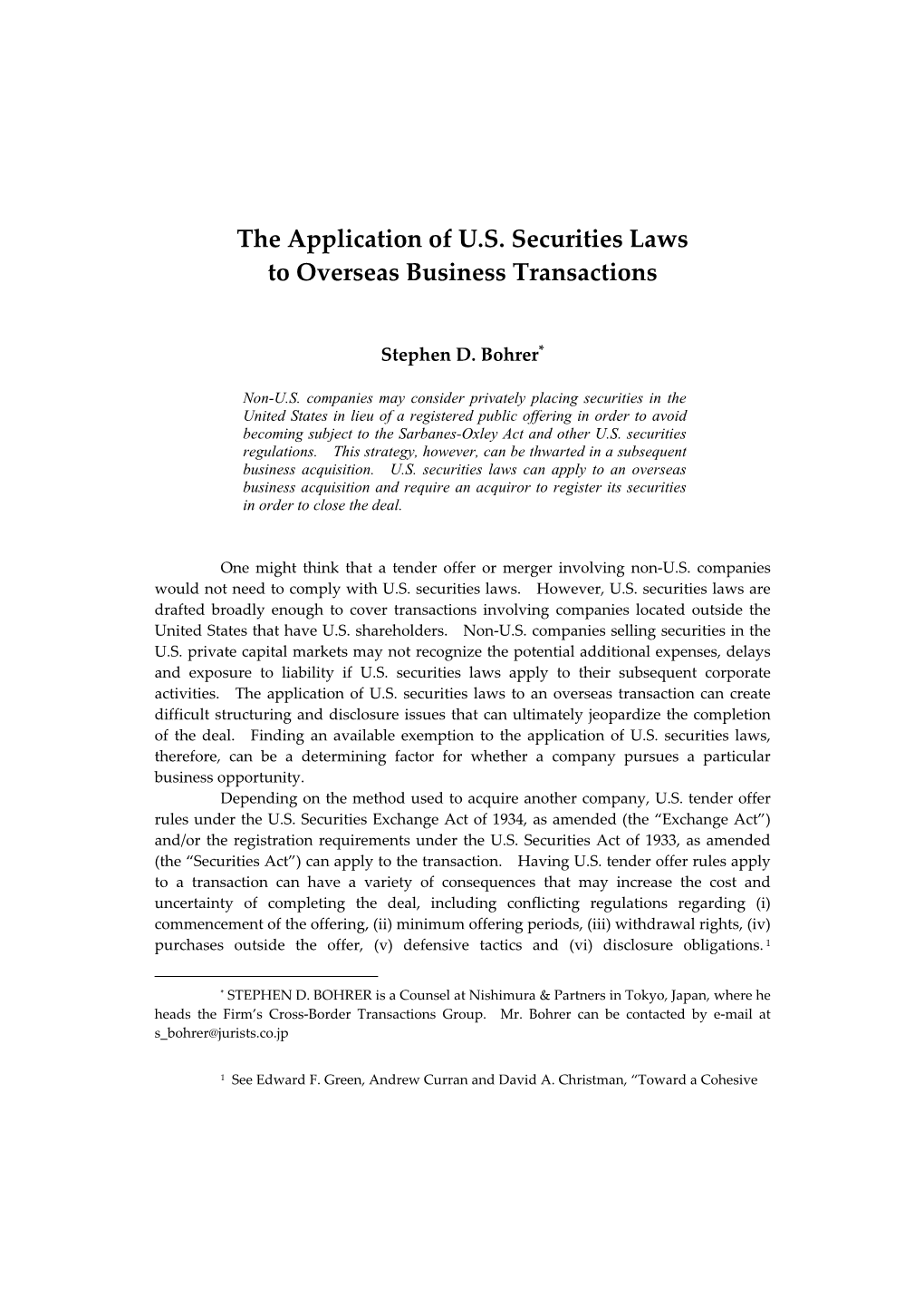 The Application of U.S. Securities Laws to Overseas Business Transactions