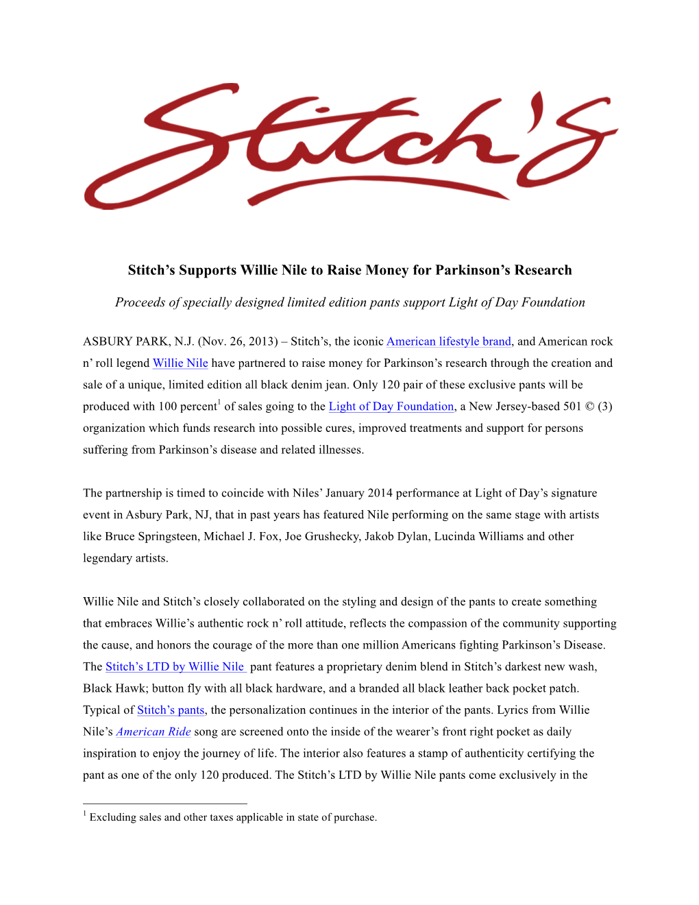 Stitch's Supports Willie Nile to Raise Money for Parkinson's Research