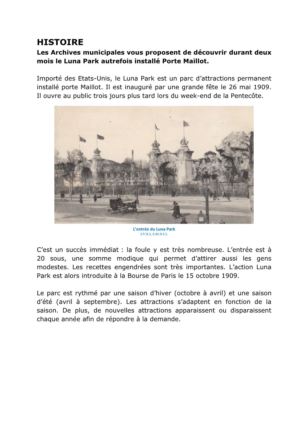 HISTOIRE Les Archives Municipales Vous Proposent De Découvrir Durant Deux Mois Le Luna Park Autrefois Installé Porte Maillot