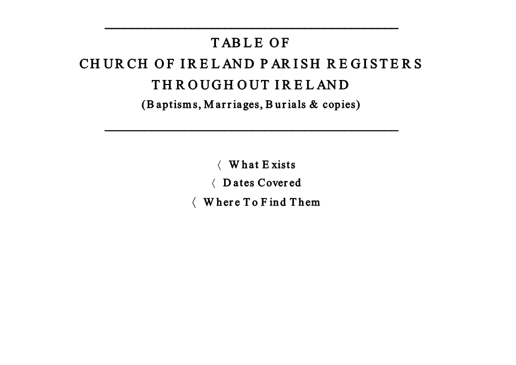 TABLE of CHURCH of IRELAND PARISH REGISTERS THROUGHOUT IRELAND (Baptisms, Marriages, Burials & Copies) ______