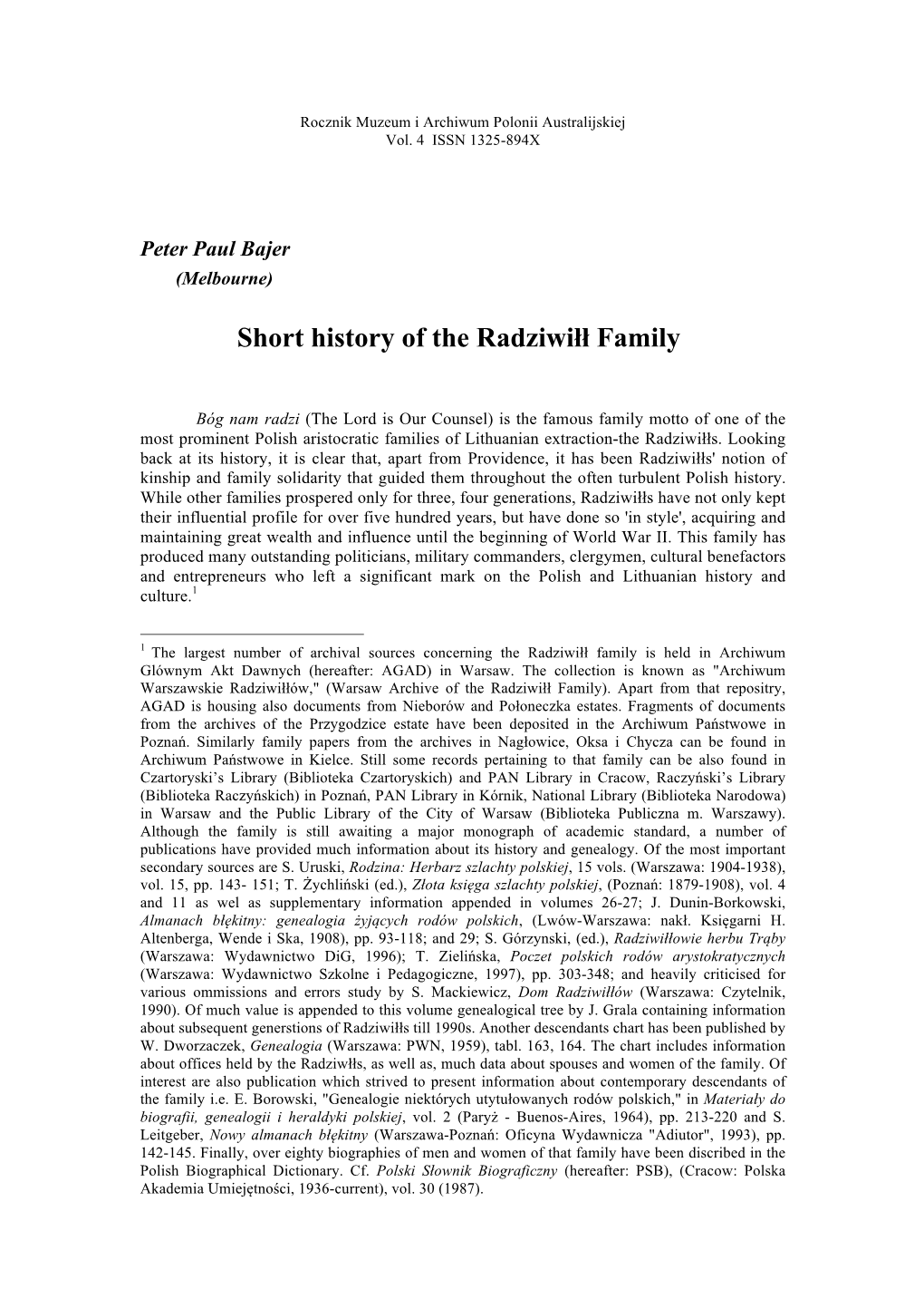 Short History of the Radziwiłł Family