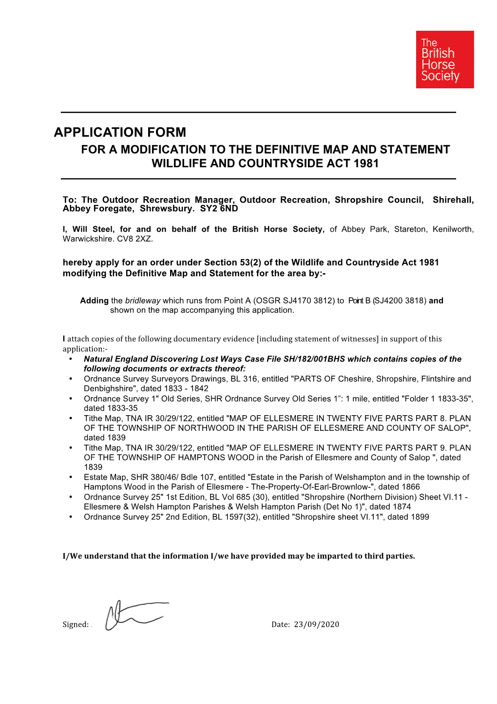 Application Form for a Modification to the Definitive Map and Statement Wildlife and Countryside Act 1981