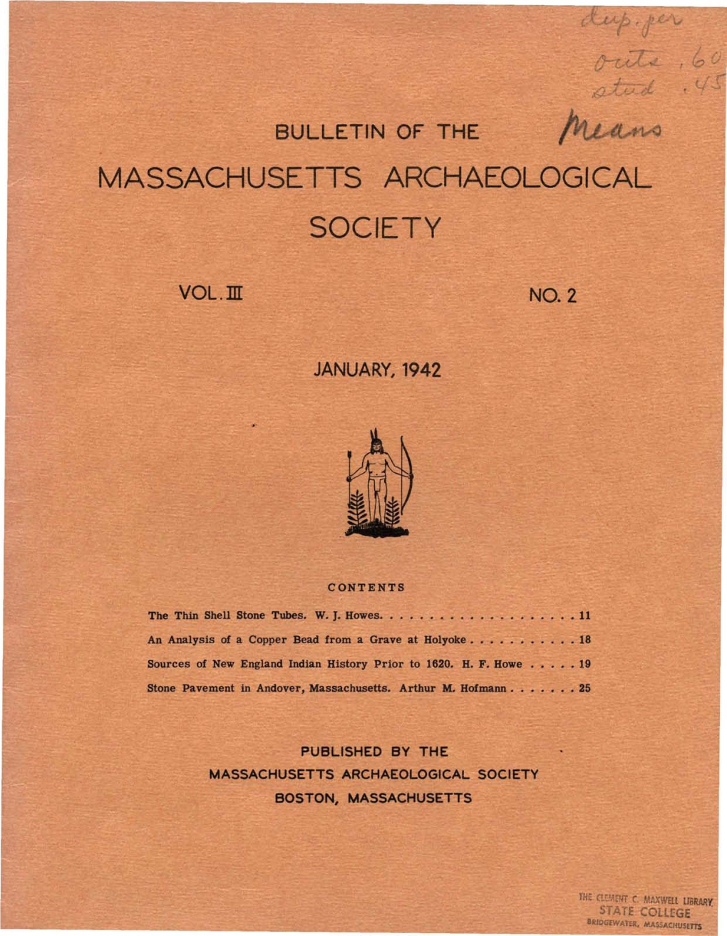 Bulletin of the Massachusetts Archaeological Society, Vol. 3, No