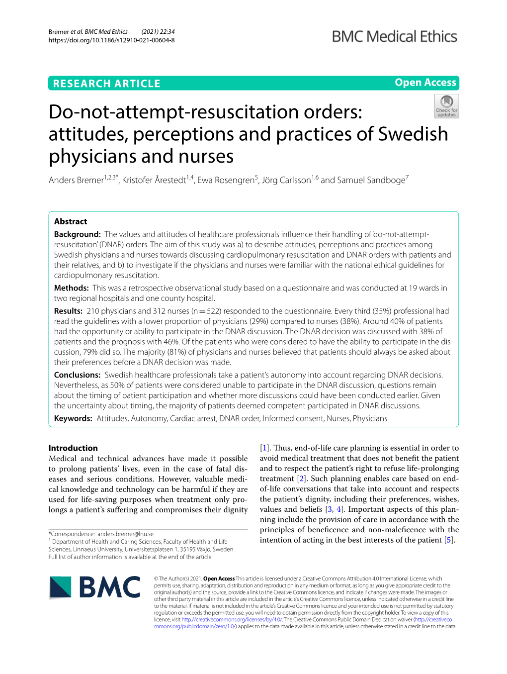 Attitudes, Perceptions and Practices of Swedish Physicians and Nurses