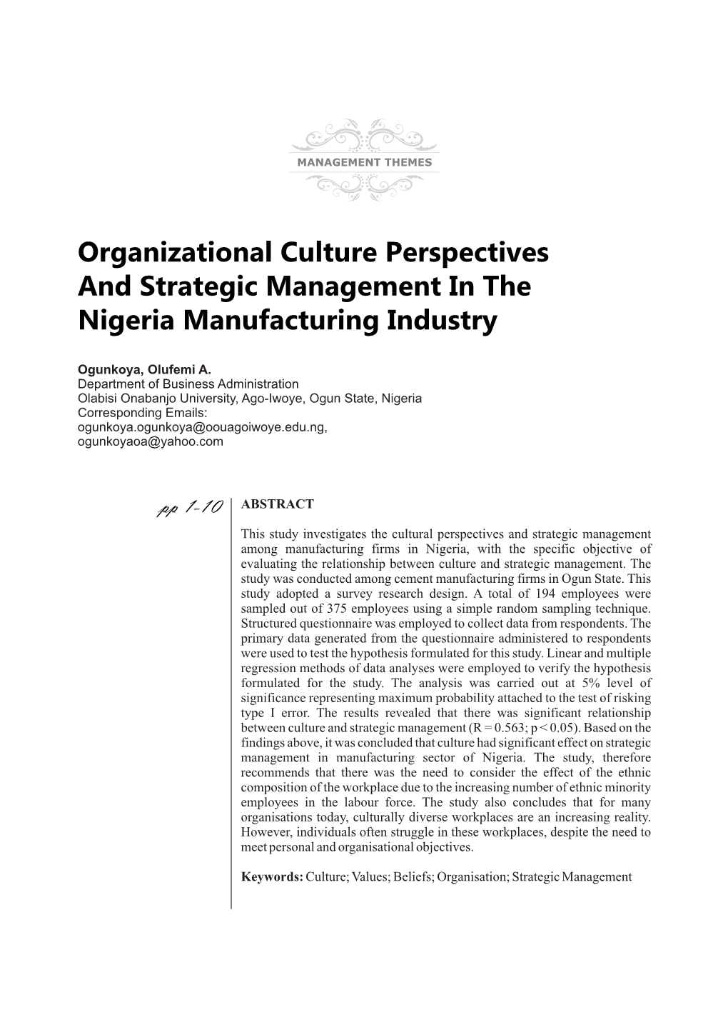 Organizational Culture Perspectives and Strategic Management in the Nigeria Manufacturing Industry