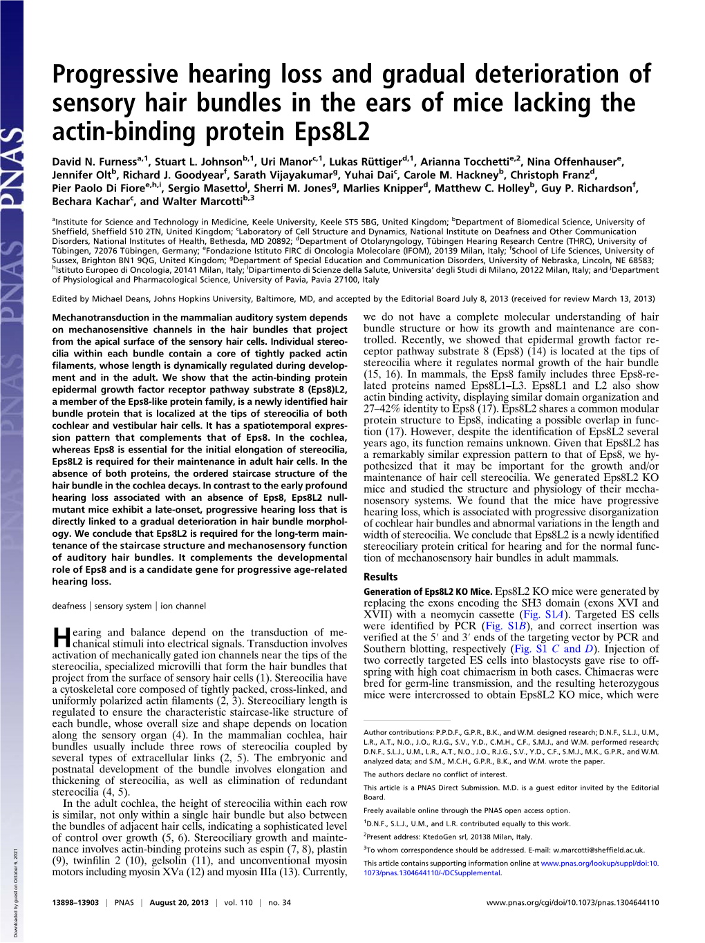 Progressive Hearing Loss and Gradual Deterioration of Sensory Hair Bundles in the Ears of Mice Lacking the Actin-Binding Protein Eps8l2