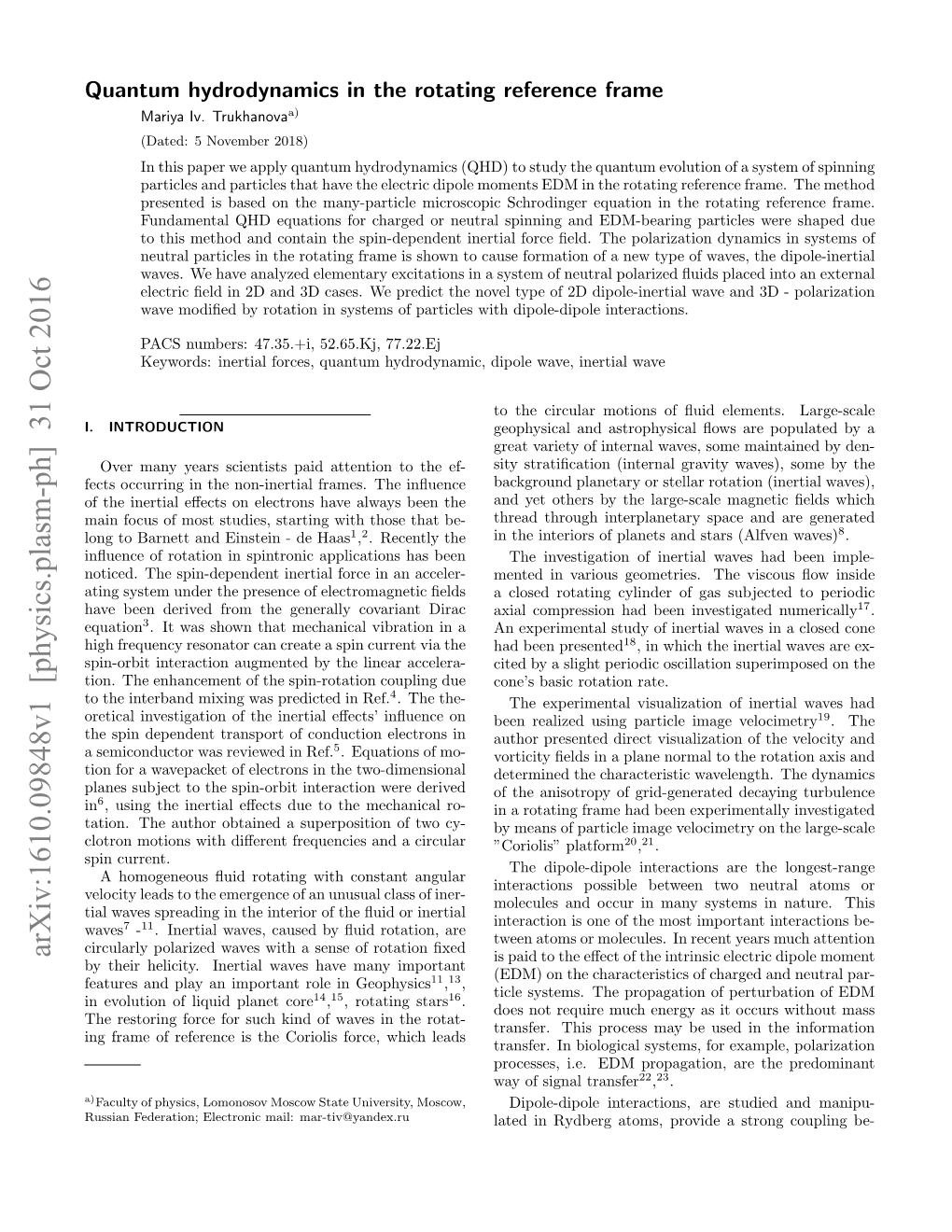 Quantum Hydrodynamics in the Rotating Reference Frame Mariya Iv