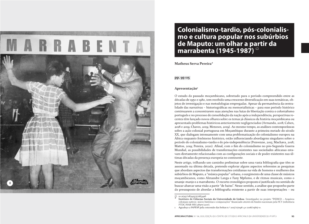 Colonialismo-Tardio, Pós-Colonialis- Mo E Cultura Popular Nos Subúrbios De Maputo: Um Olhar a Partir Da Marrabenta (1945-1987) 