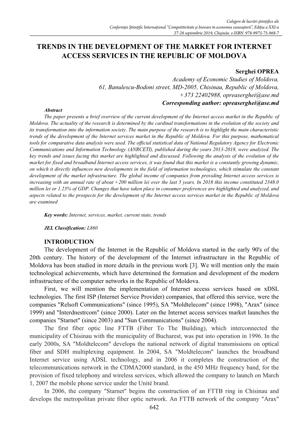 Trends in the Development of the Market for Internet Access Services in the Republic of Moldova