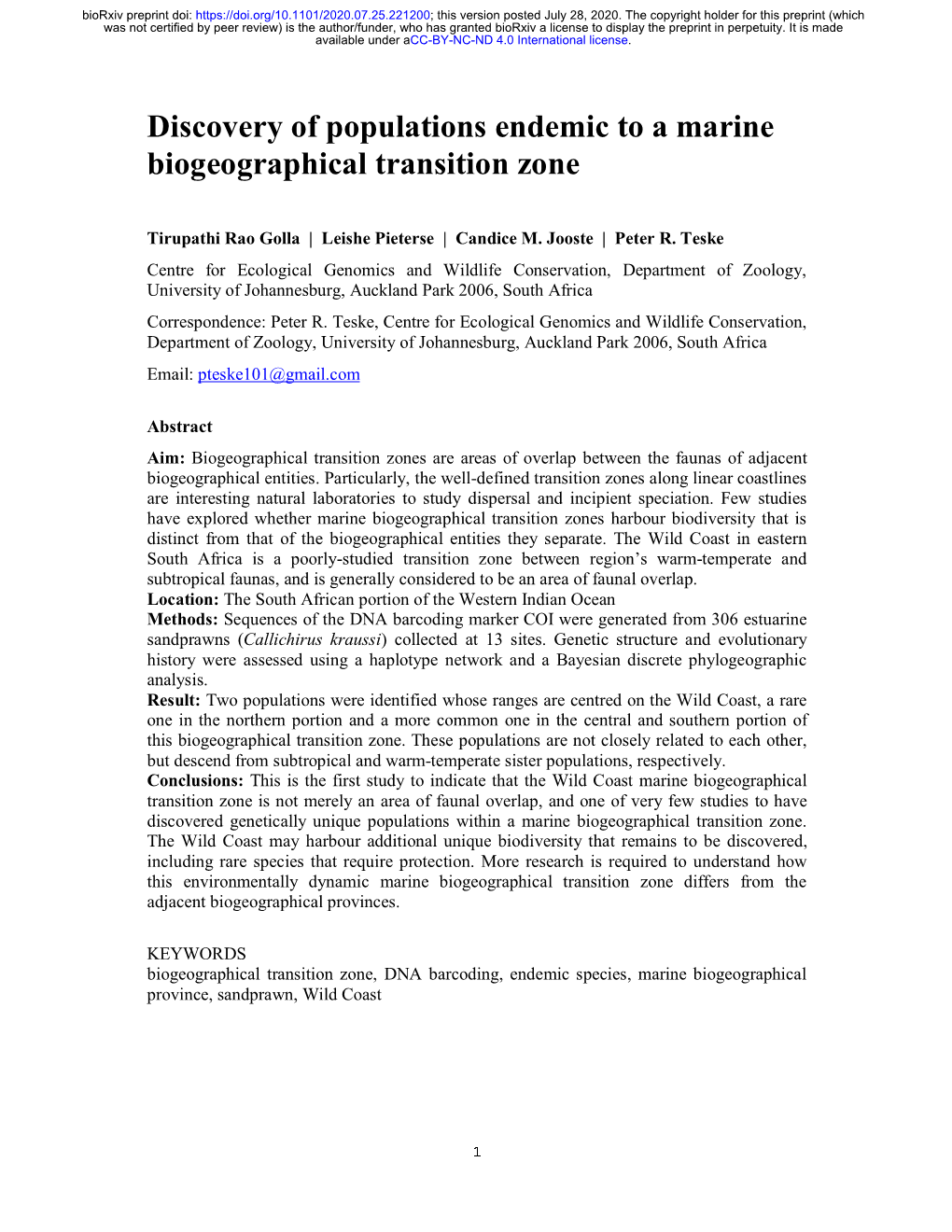 Discovery of Populations Endemic to a Marine Biogeographical Transition Zone