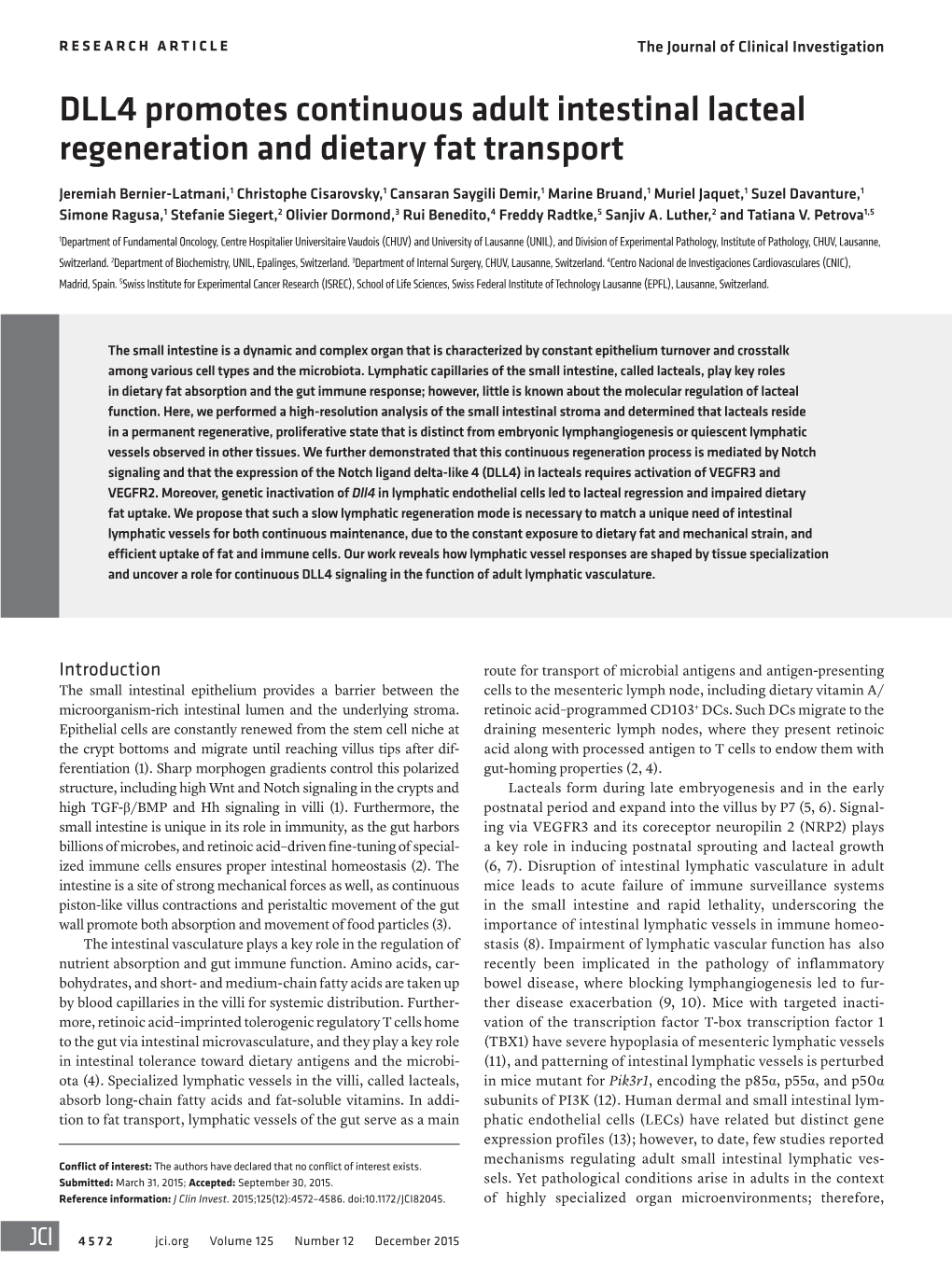 DLL4 Promotes Continuous Adult Intestinal Lacteal Regeneration and Dietary Fat Transport