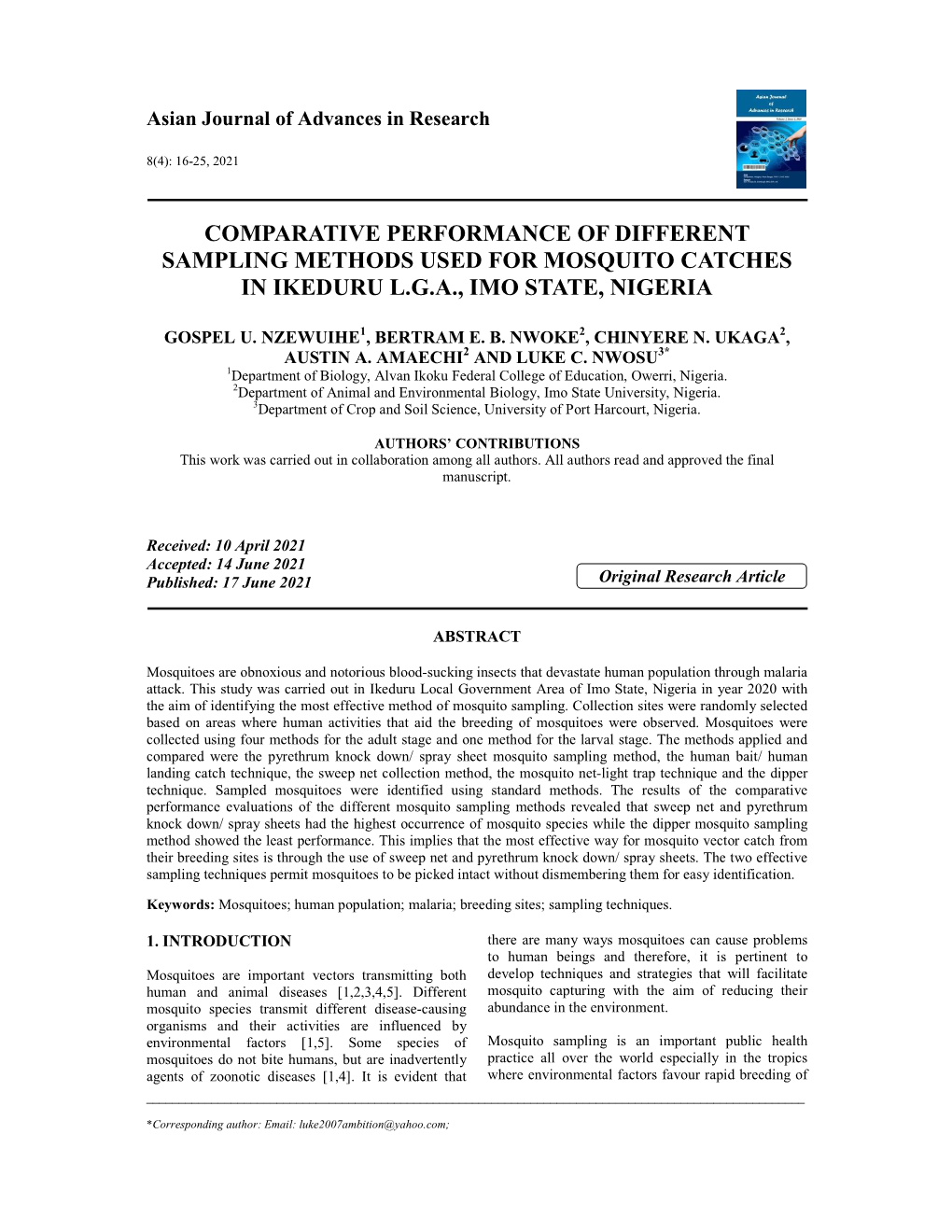 Comparative Performance of Different Sampling Methods Used for Mosquito Catches in Ikeduru L.G.A., Imo State, Nigeria