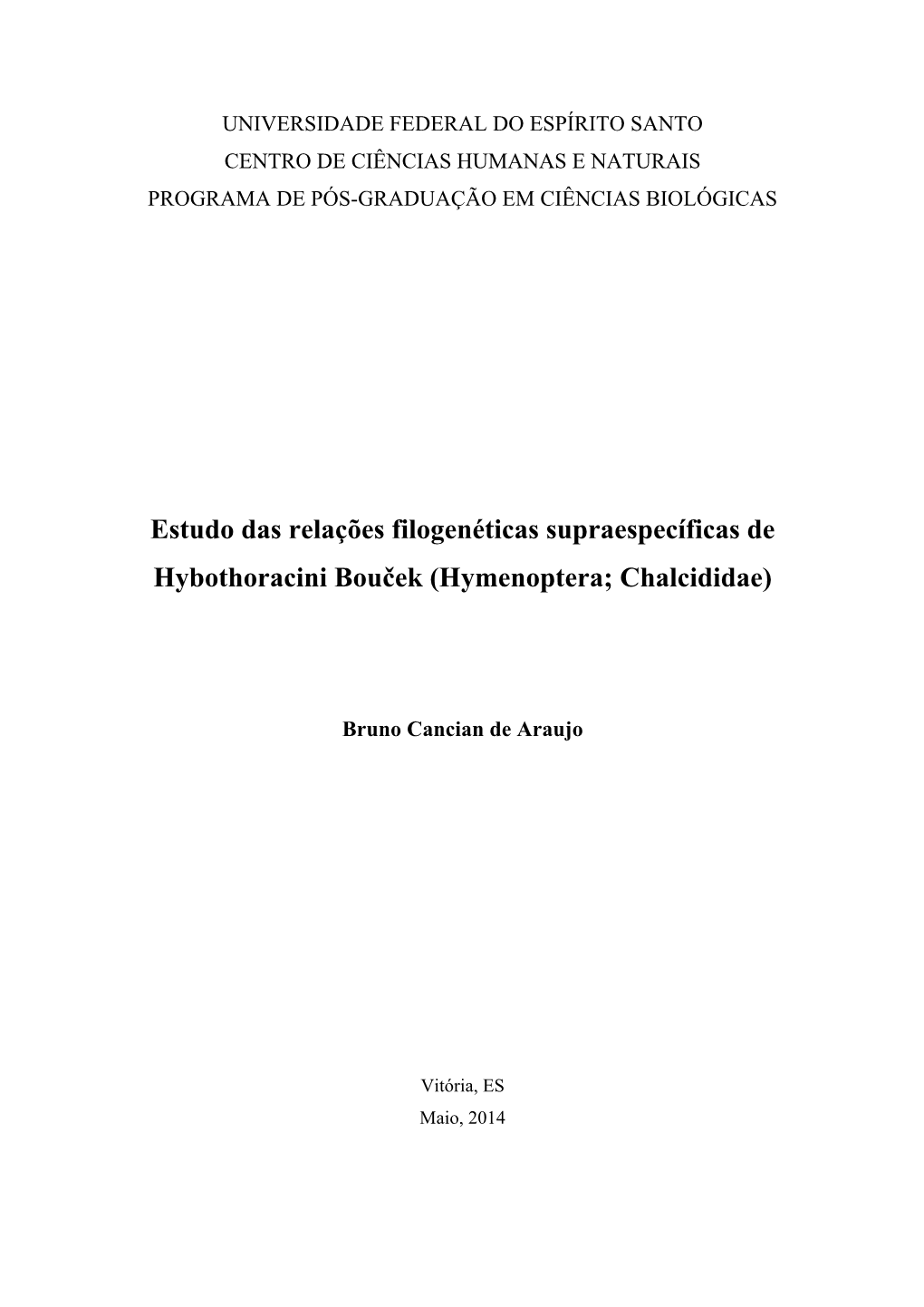 Estudo Das Relações Filogenéticas Supraespecíficas De Hybothoracini Bouček (Hymenoptera; Chalcididae)