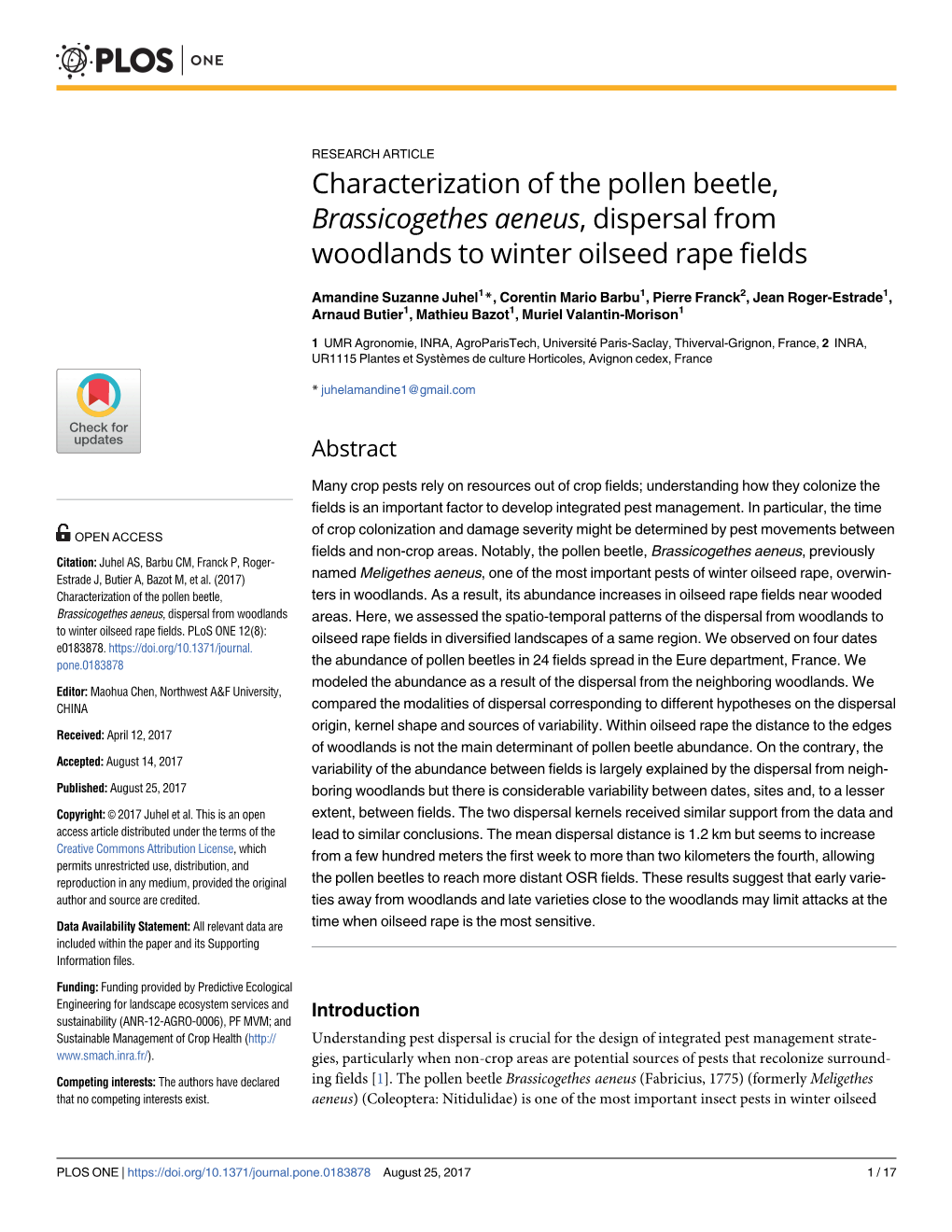 Characterization of the Pollen Beetle, Brassicogethes Aeneus, Dispersal from Woodlands to Winter Oilseed Rape Fields