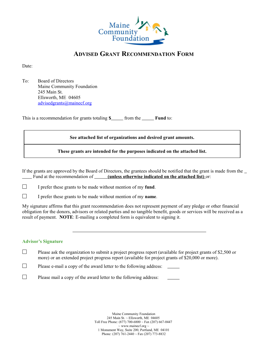 Advised Grant Recommendation Form