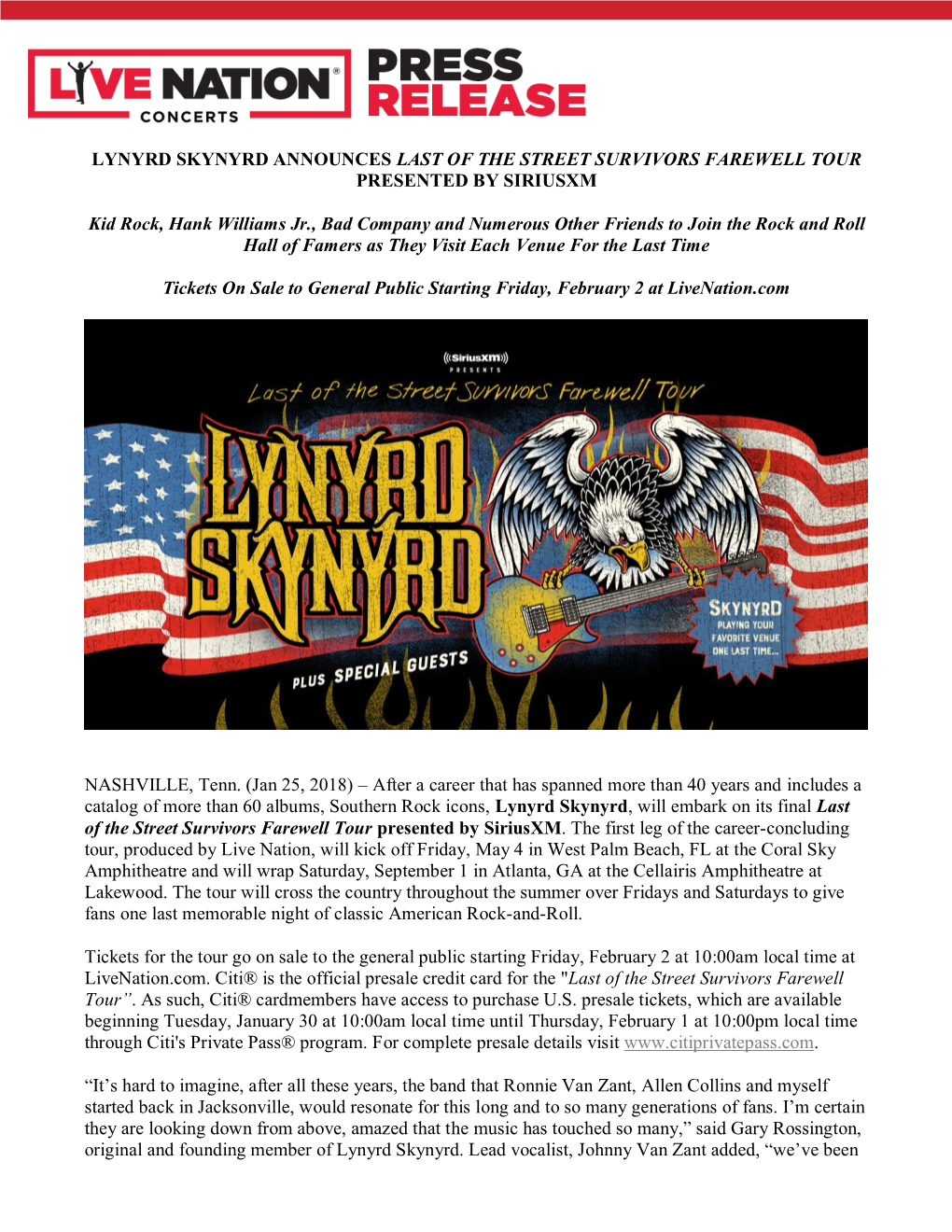 Lynyrd Skynyrd Announces Last of the Street Survivors Farewell Tour Presented by Siriusxm