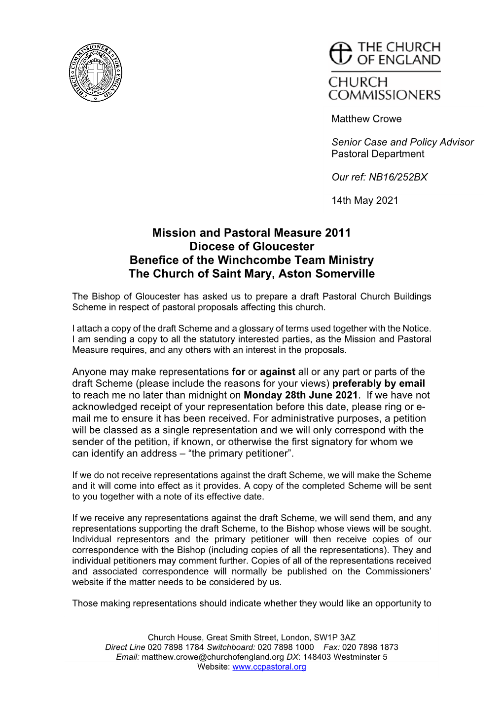 Mission and Pastoral Measure 2011 Diocese of Gloucester Benefice of the Winchcombe Team Ministry the Church of Saint Mary, Aston Somerville