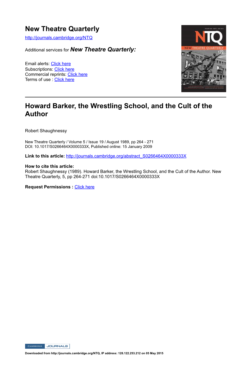 Howard Barker, the Wrestling School, and the Cult of the Author