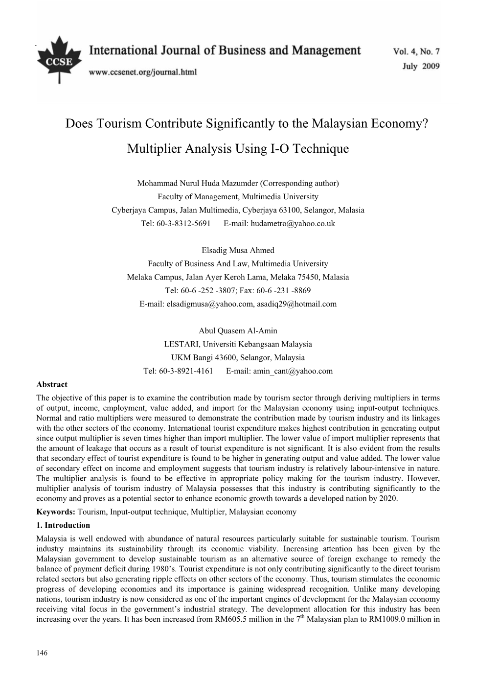 Does Tourism Contribute Significantly to the Malaysian Economy? Multiplier Analysis Using I-O Technique