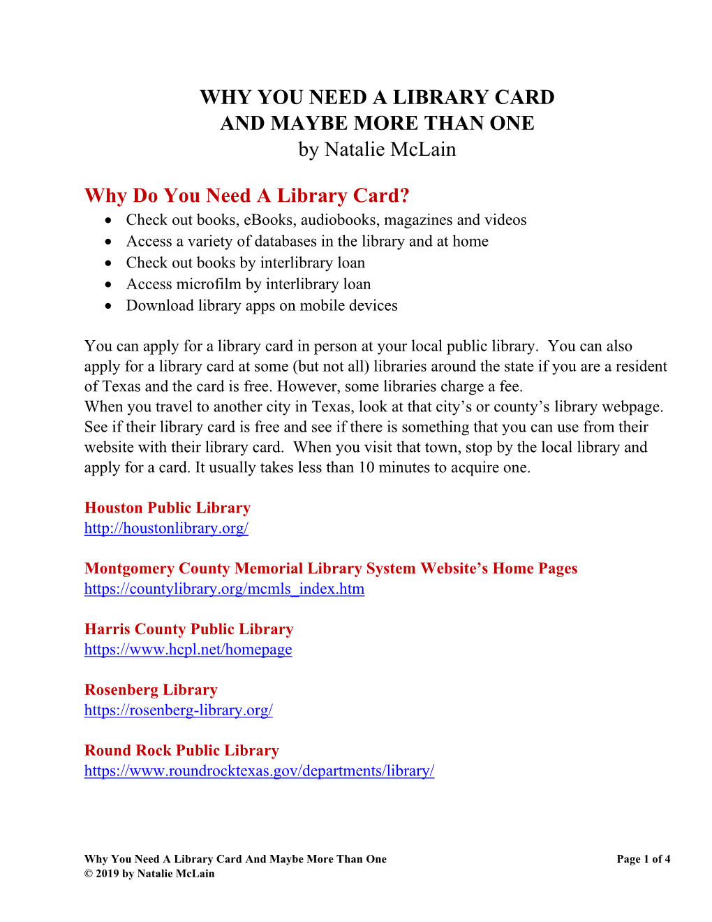 WHY YOU NEED a LIBRARY CARD and MAYBE MORE THAN ONE by Natalie Mclain