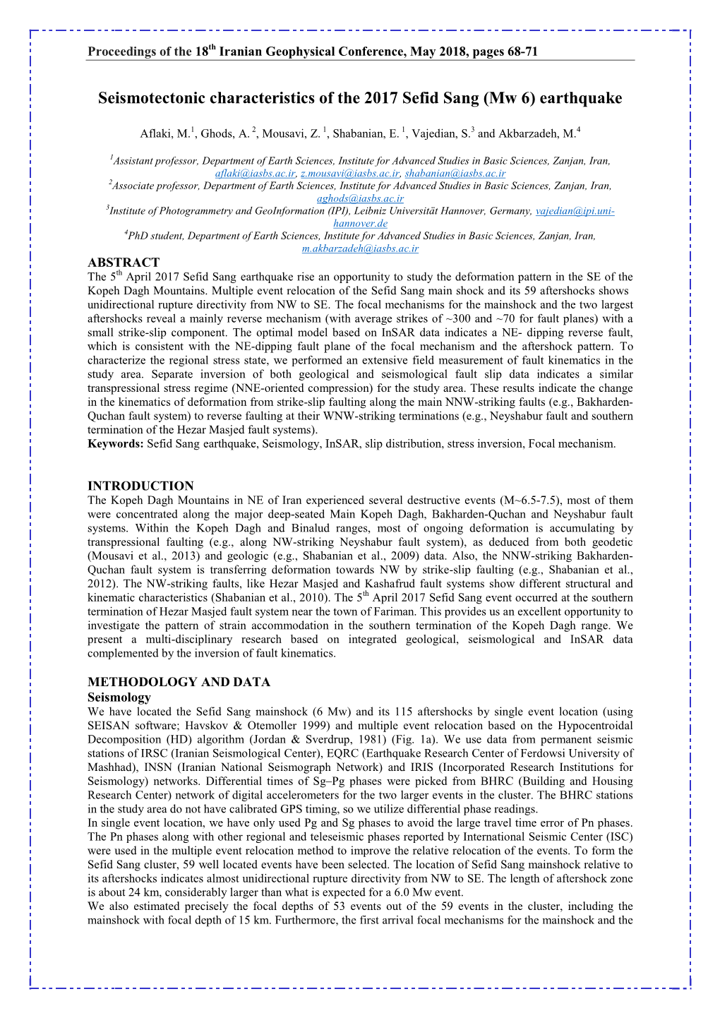 Seismotectonic Characteristics of the 2017 Sefid Sang (Mw 6) Earthquake