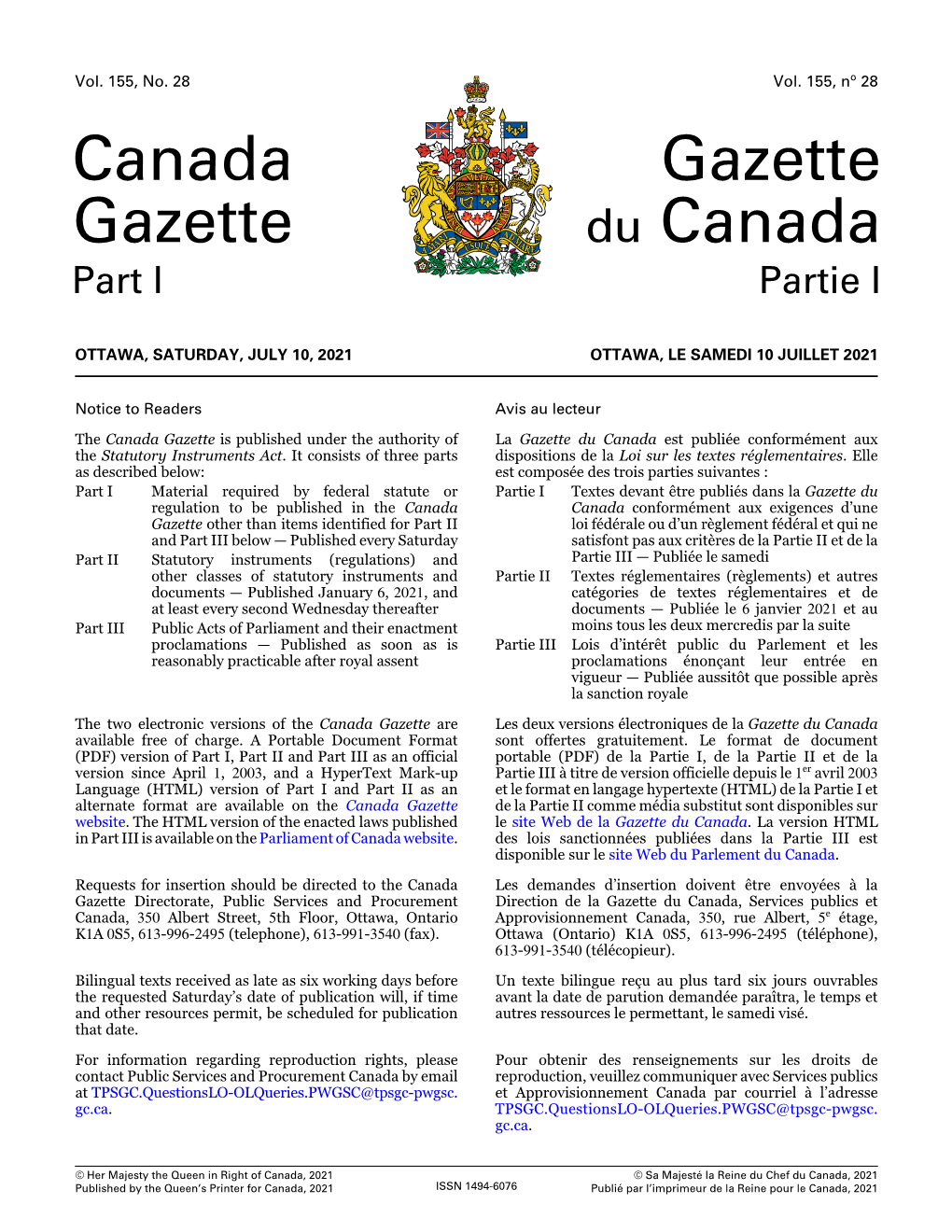 Partie I, Vol. 155, N O 28