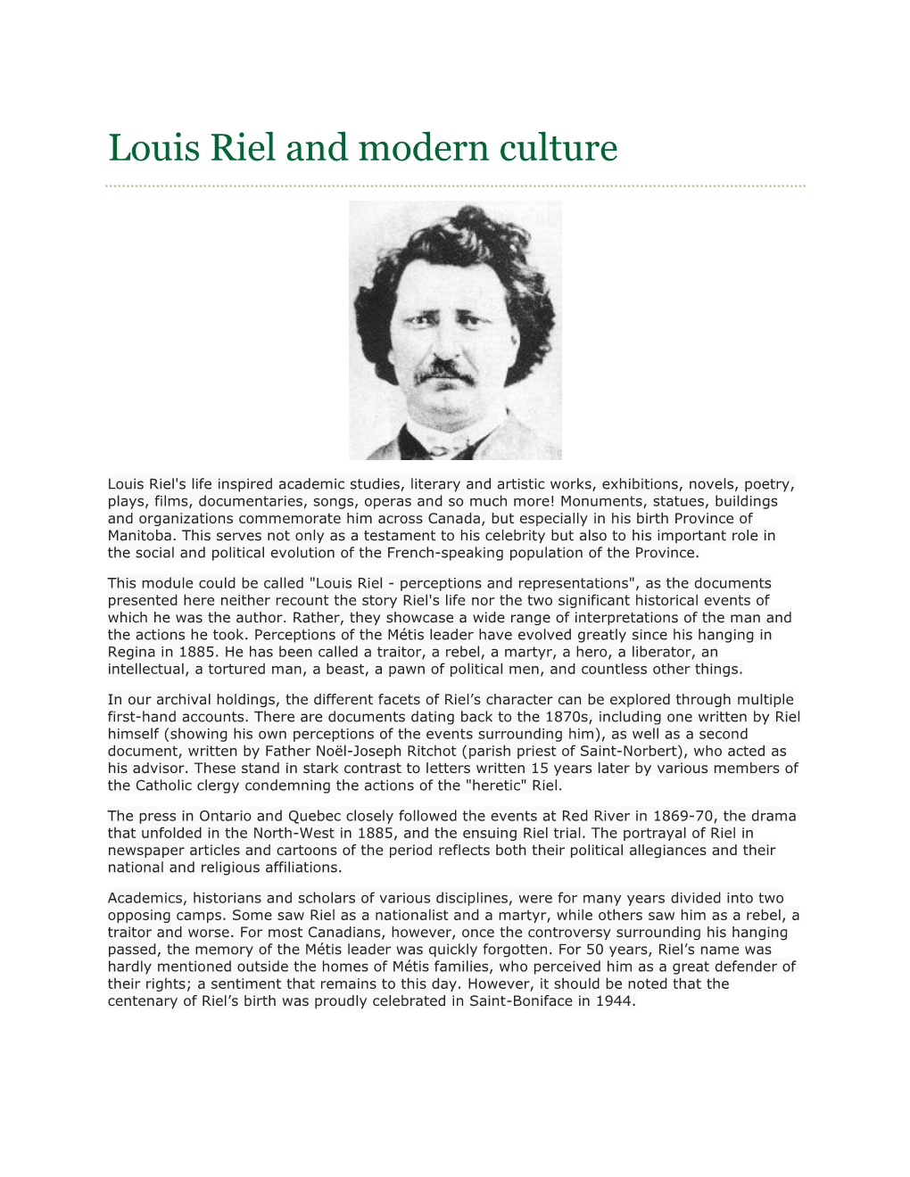 Louis Riel and Modern Culture