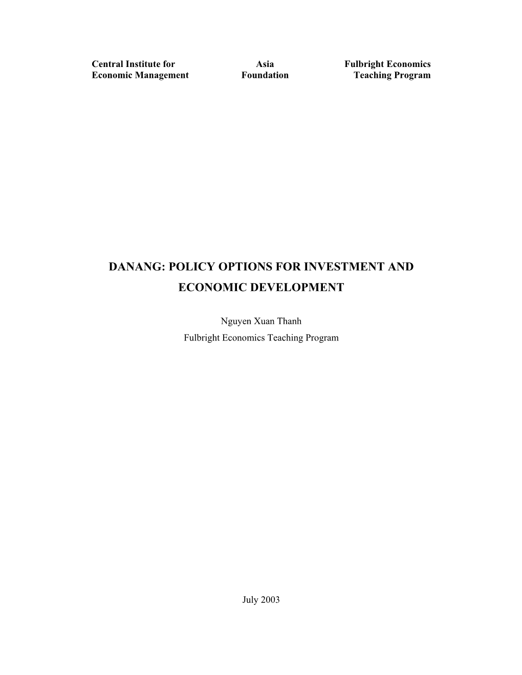 Danang: Policy Options for Investment and Economic Development