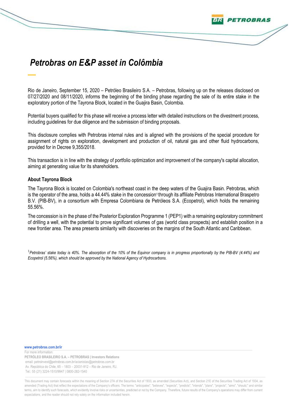 Petrobras on E&P Asset in Colômbia