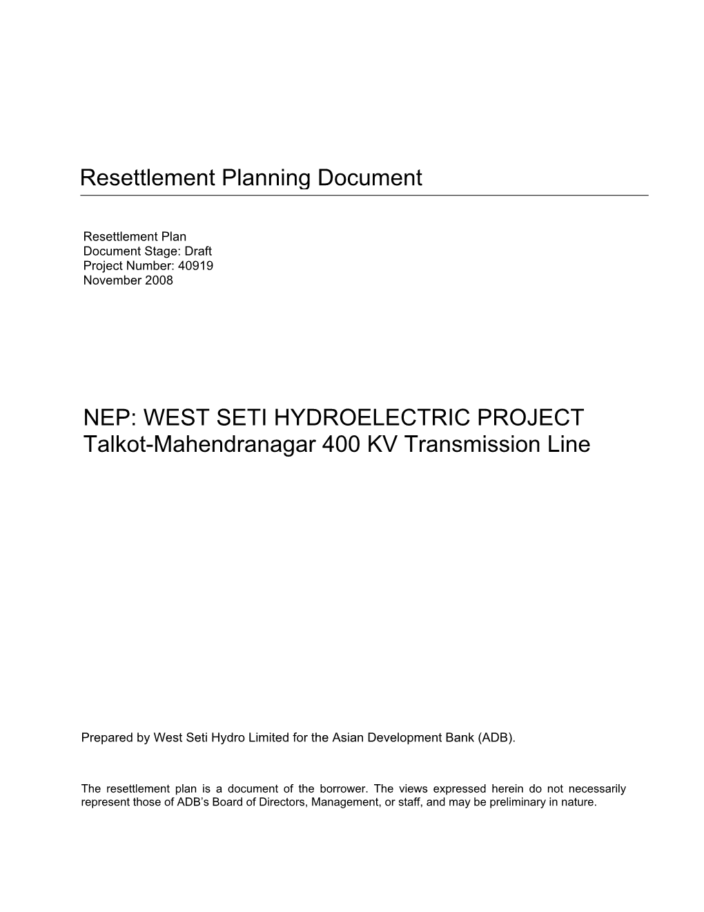 NEP: WEST SETI HYDROELECTRIC PROJECT Talkot-Mahendranagar 400 KV Transmission Line